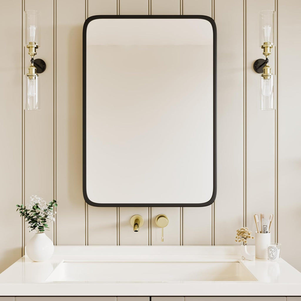 AGDULL Vintage-Style Bathroom Medicine Cabinet, Surface Mount or Recessed, Wood Wall Cabinet with Black Metal Frame Curved Mirror, Overall 20" W x 30" H