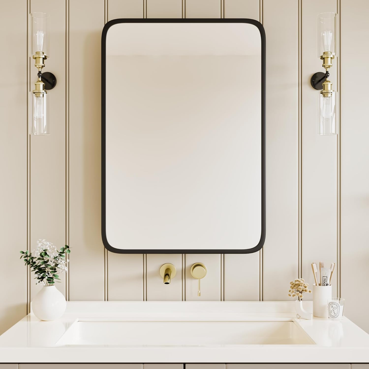 AGDULL Vintage-Style Bathroom Medicine Cabinet, Surface Mount or Recessed, Wood Wall Cabinet with Black Metal Frame Curved Mirror, Overall 20" W x 30" H