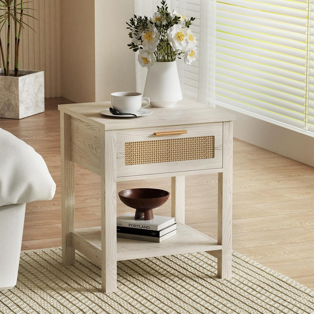 Set of 2 Nightstands, Modern End Table with Drawer and Storage Shelf, Rattan Night Stand for Bedroom Small Spaces, White Cream