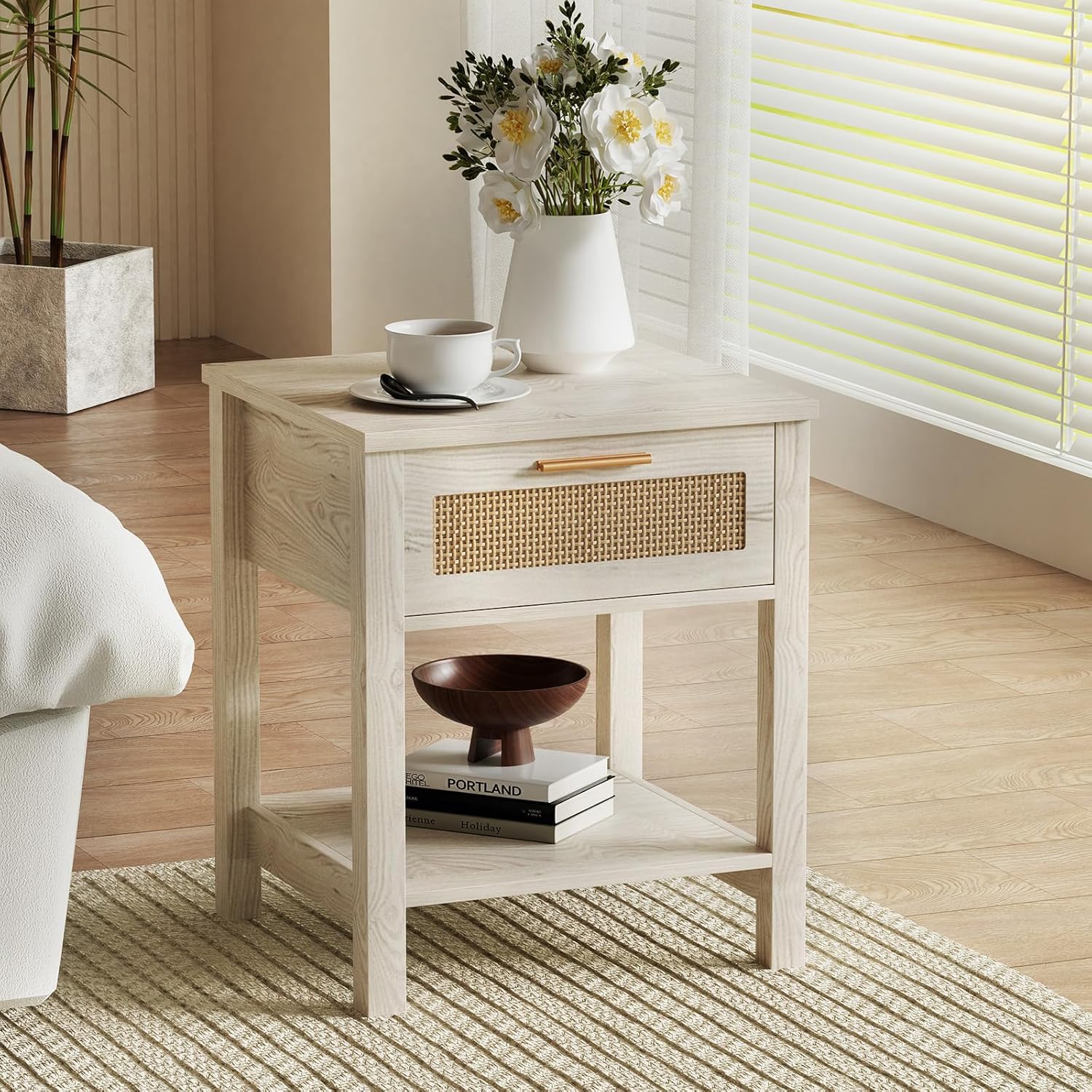 Set of 2 Nightstands, Modern End Table with Drawer and Storage Shelf, Rattan Night Stand for Bedroom Small Spaces, White Cream