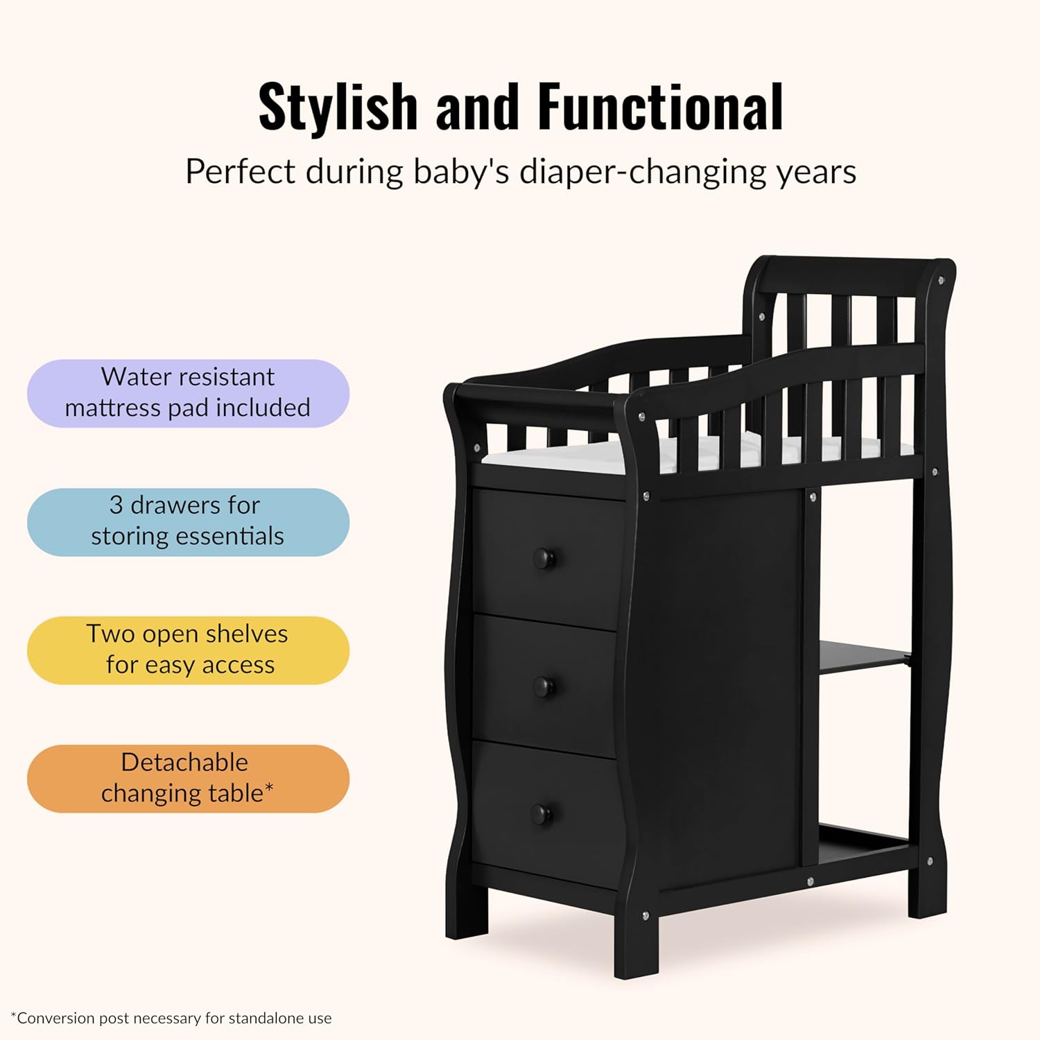 Dream On Me Jayden 4‑in‑1 Mini Convertible Baby Crib & Changer with Storage in Black, Pinewood, GreenGuard Gold & BSA, 1” Mattress Pad, 3 Mattress Heights, Converts to Mini Day & Twin-Size Bed