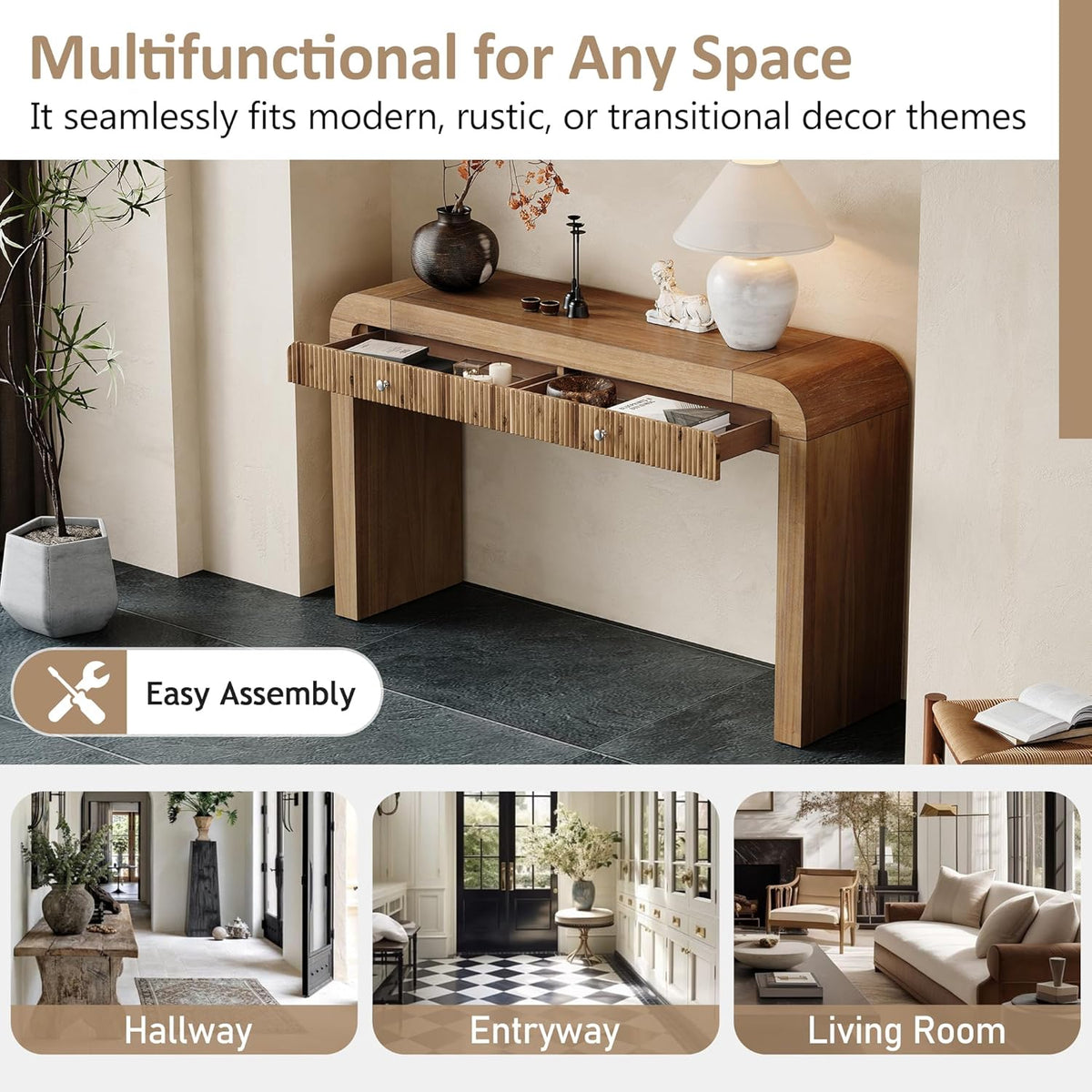 Merax Rustic Console Table with Fluted Drawer Front, Entryway Table with Curved Corners & Thick Legs, Sturdy Sofa Table for Hallway & Living Room, Natural