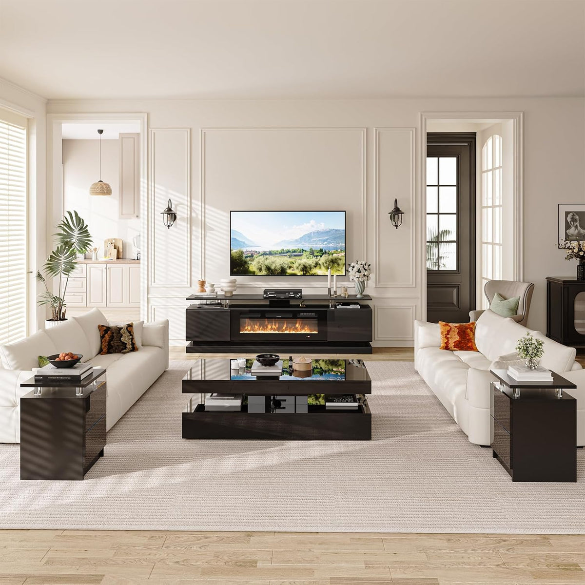 4-Piece Modern Living Room Table Set, Includes High Gloss 70" Fireplace TV Stand, 47" LED Coffee Table and 15" End Tables Set of 2 with Storage Drawers, Black