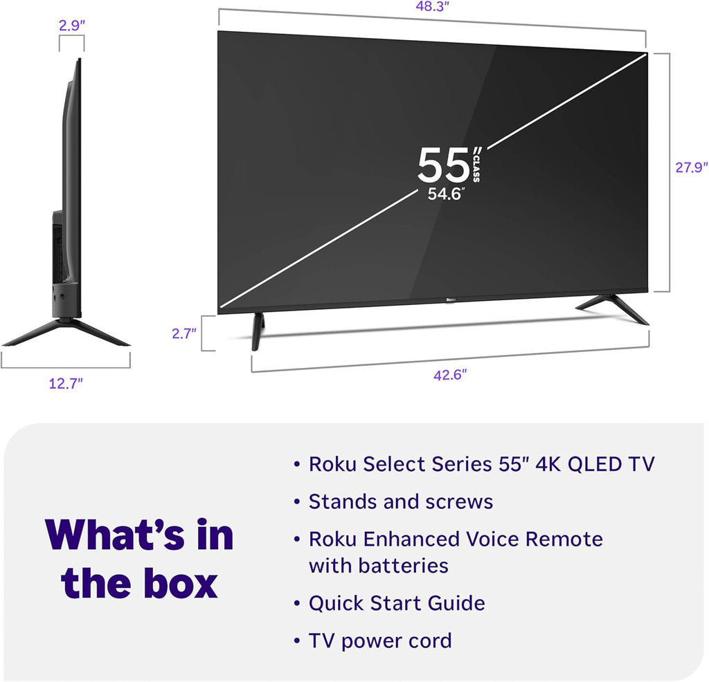 Roku Smart TV 2026 – 55-Inch Select Series, 4K QLED TV – Roku TV with Voice Remote – Flat Screen QLED Television with Wi-Fi for Streaming Live Local News, Sports, & Movies – Bluetooth Headphone Mode