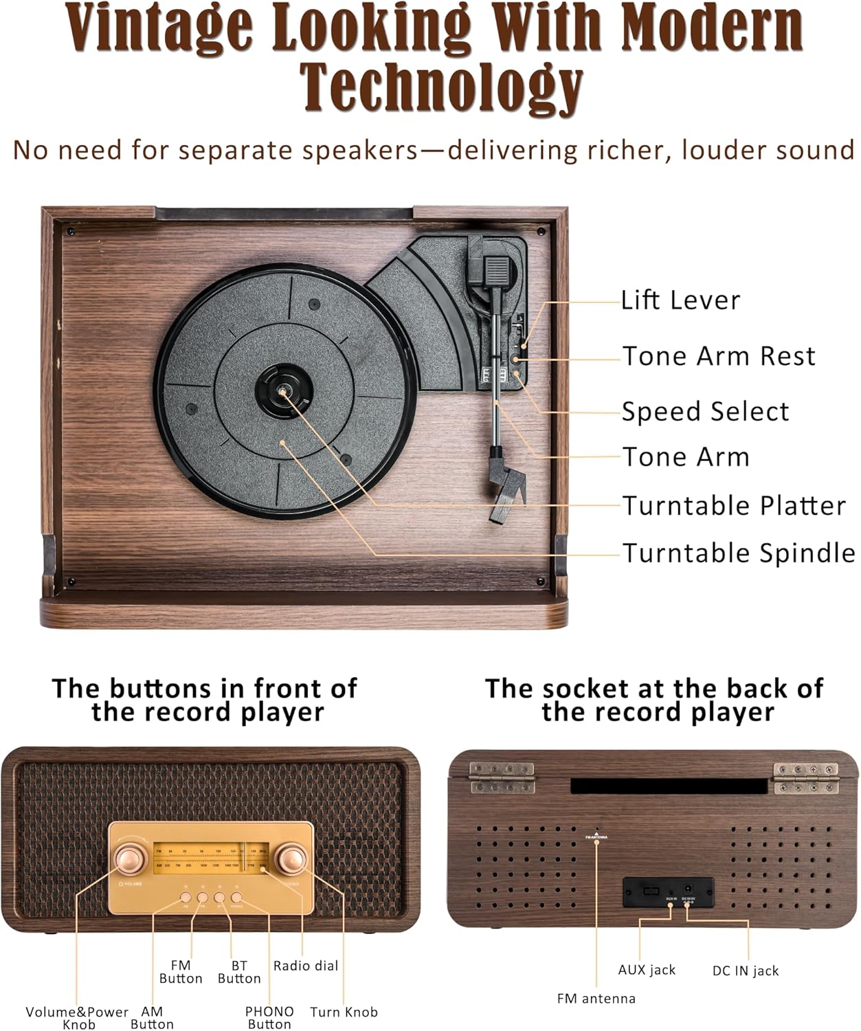 OTIC All-in-One Vinyl Record Player with Speakers, 3-Speed Turntable, Bluetooth Wireless Playback AM/FM Radio Aux-in, Auto-Stop Retro Wooden Design Home Audio&Gift for Music Lovers
