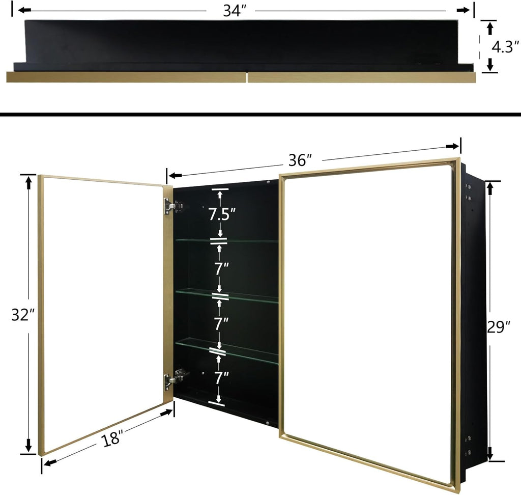 Medicine Cabinet, 36"x32" Aluminum Framed Double Door Bathroom Mirror Cabinet, Surface or Recessed Mount, Vanity Mirror with Storage, Soft Close Hinges, Detachable Glass Shelves for Bathroom