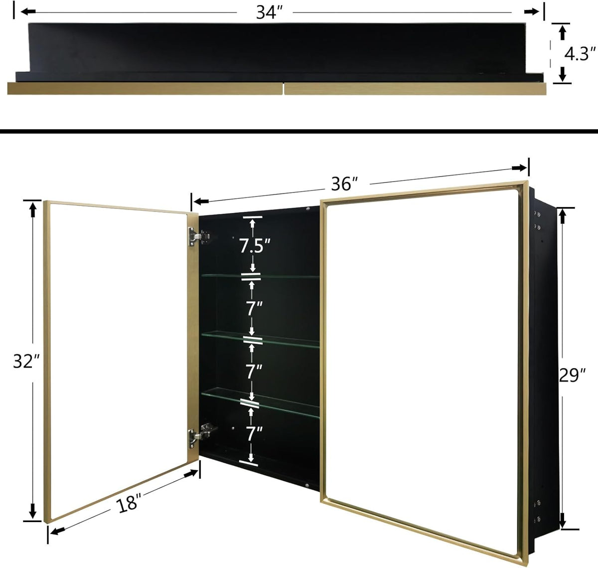 Medicine Cabinet, 36"x32" Aluminum Framed Double Door Bathroom Mirror Cabinet, Surface or Recessed Mount, Vanity Mirror with Storage, Soft Close Hinges, Detachable Glass Shelves for Bathroom