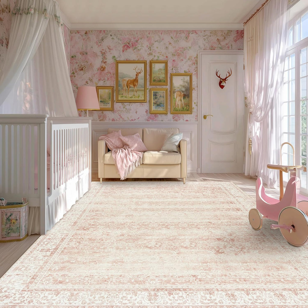 Pink Area Rug for Living Room Low Pile Soft 8 x 10 Carpet with Non Slip Washable Neutral Boho Floral Rugs for Hardwood Floor Protector Extra Large Area Rugs 8x10 for Big Nursery Bedroom Livingroom