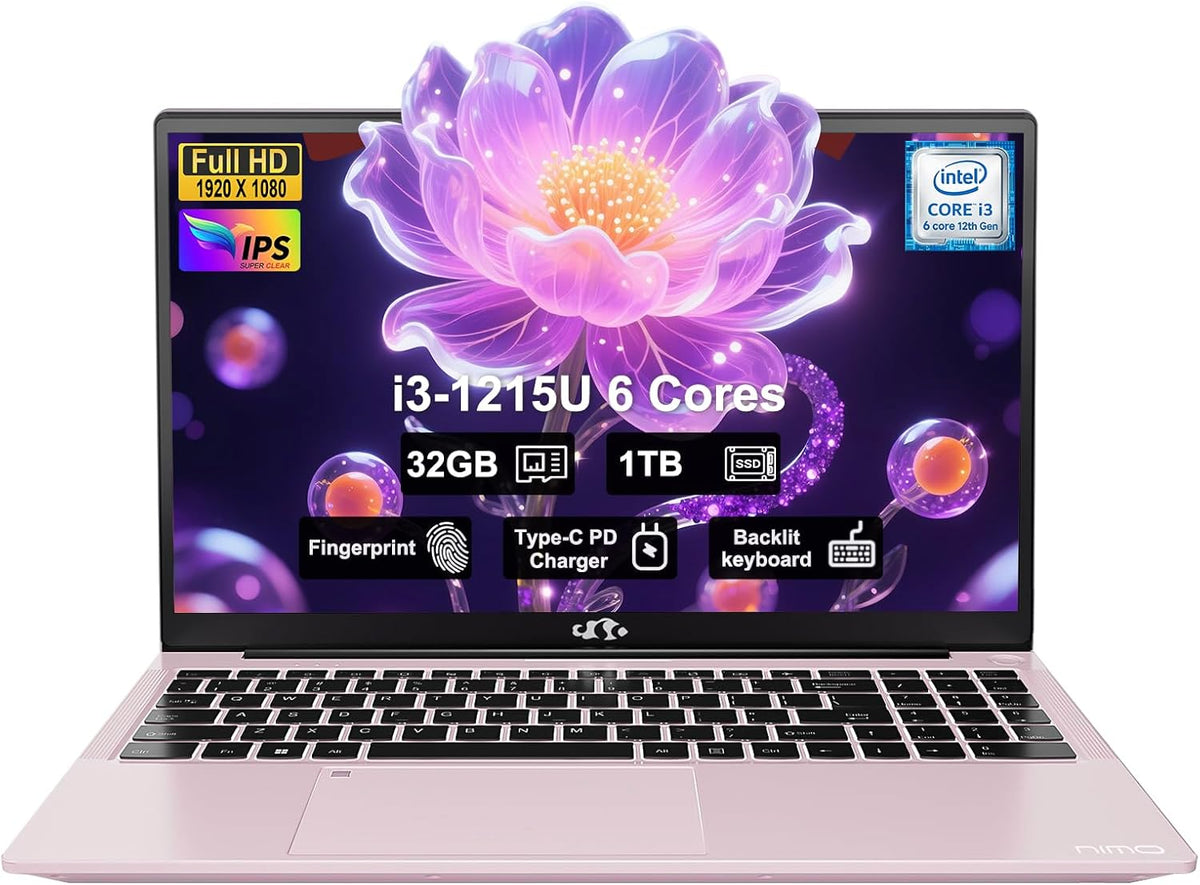 NIMO 15.6" Laptop, Intel 6 Cores I3-1215U 32GB RAM 1TB SSD (Up to 4.4GHz, Beat R5 7520U), 65W Fast PD 180° Viewing Wi-Fi 6 Backlit Keyboard Computer for Business Work Creator Student Study and Home