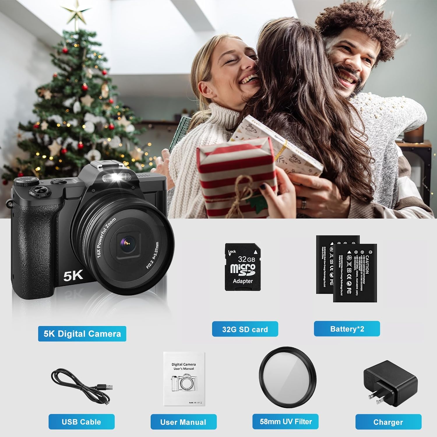 5K Digital Camera WiFi Autofocus Vlogging Camera for YouTube 48MP Camera for Photography and Video, 3.5" Screen Travel Cameras with UV Filter, Anti-Shake,16X Digital Zoom,32GB SD Card,2 Batteries