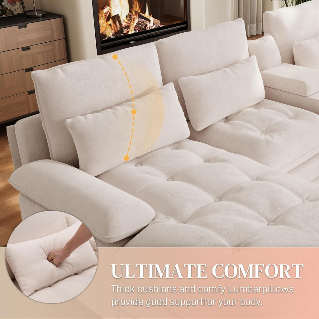 134"U Shaped Sectional Couch for Living Room, Modern Chenille 6 Seat Living Room Sofa Set with Storage Console, Oversized Modular Sectional Fluffy Couch with Tufted Buttons & Chaise Lounge,Beige