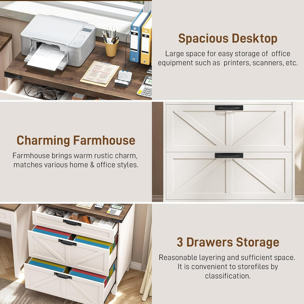 Vabches Lateral File Cabinet with 3 Drawers, Farmhouse File Cabinet for Legal/Letter/A4 Size Hanging Files, Large Wood Printer Stand Home Office, Rustic White
