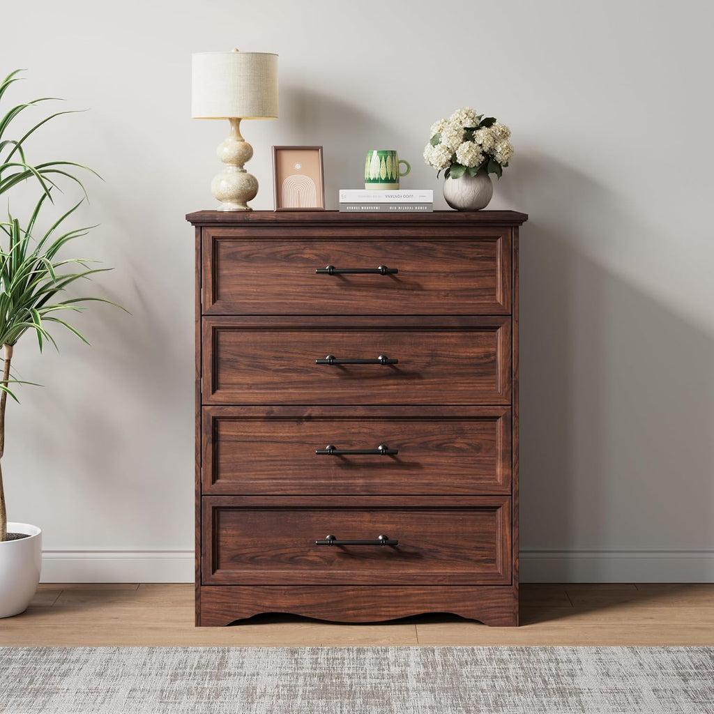 Walnut Dresser for Bedroom, Farmhouse 36" Tall 4 Drawer Chest with Sleek Brushed Metal Handles, Modern Wood Storage Cabinet with Unique Base Design, Closet Organizer for Bedroom, Living Room, Hallway
