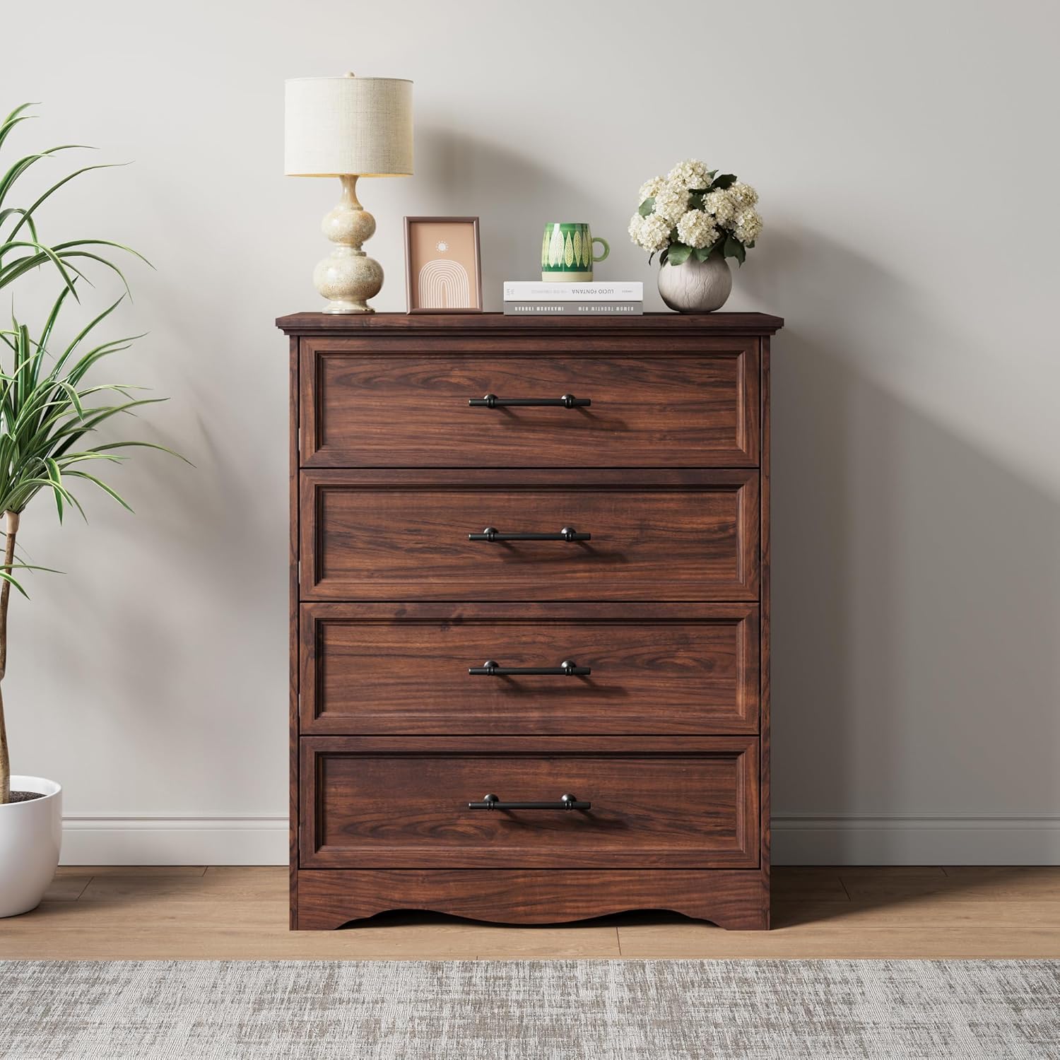 Walnut Dresser for Bedroom, Farmhouse 36" Tall 4 Drawer Chest with Sleek Brushed Metal Handles, Modern Wood Storage Cabinet with Unique Base Design, Closet Organizer for Bedroom, Living Room, Hallway