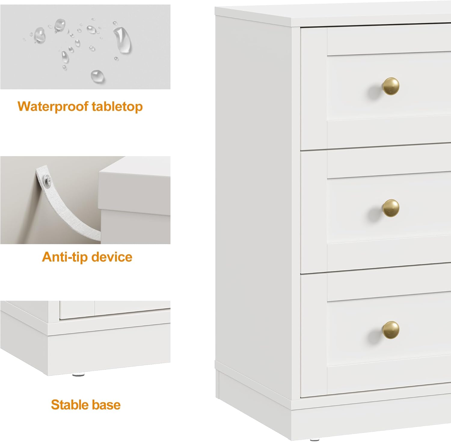 RoyalCraft White Nightstand with 3 Drawers Storage, Large Wood Night Stand for Bedroom, Modern Bedside Table, End Table for Hallway, Closet