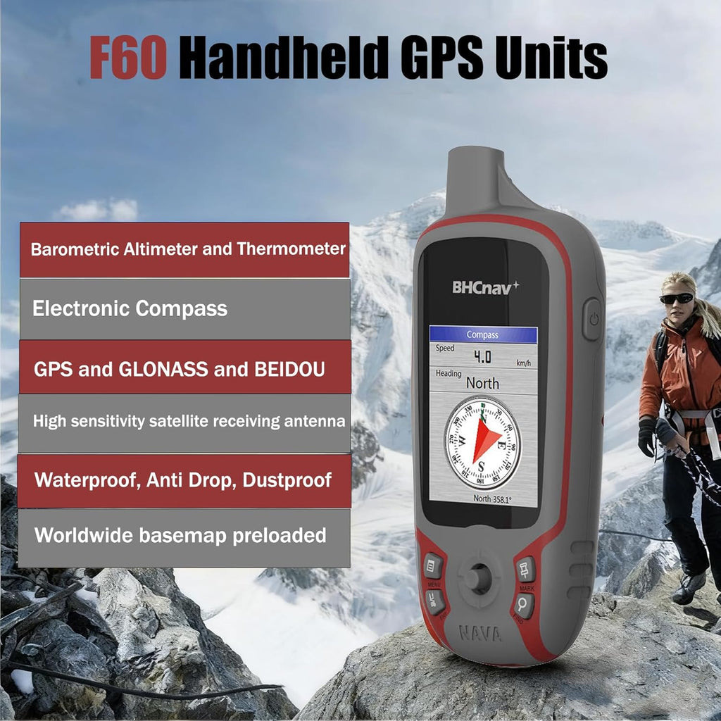 NAVA F60 Handheld GPS Navigation Survey Device, Handheld GPS for Hiking, High Performance Handheld GPS Topografia,Fully Featured with 3-axile, Electronic Compass, Barometric Altimeter and Thermometer