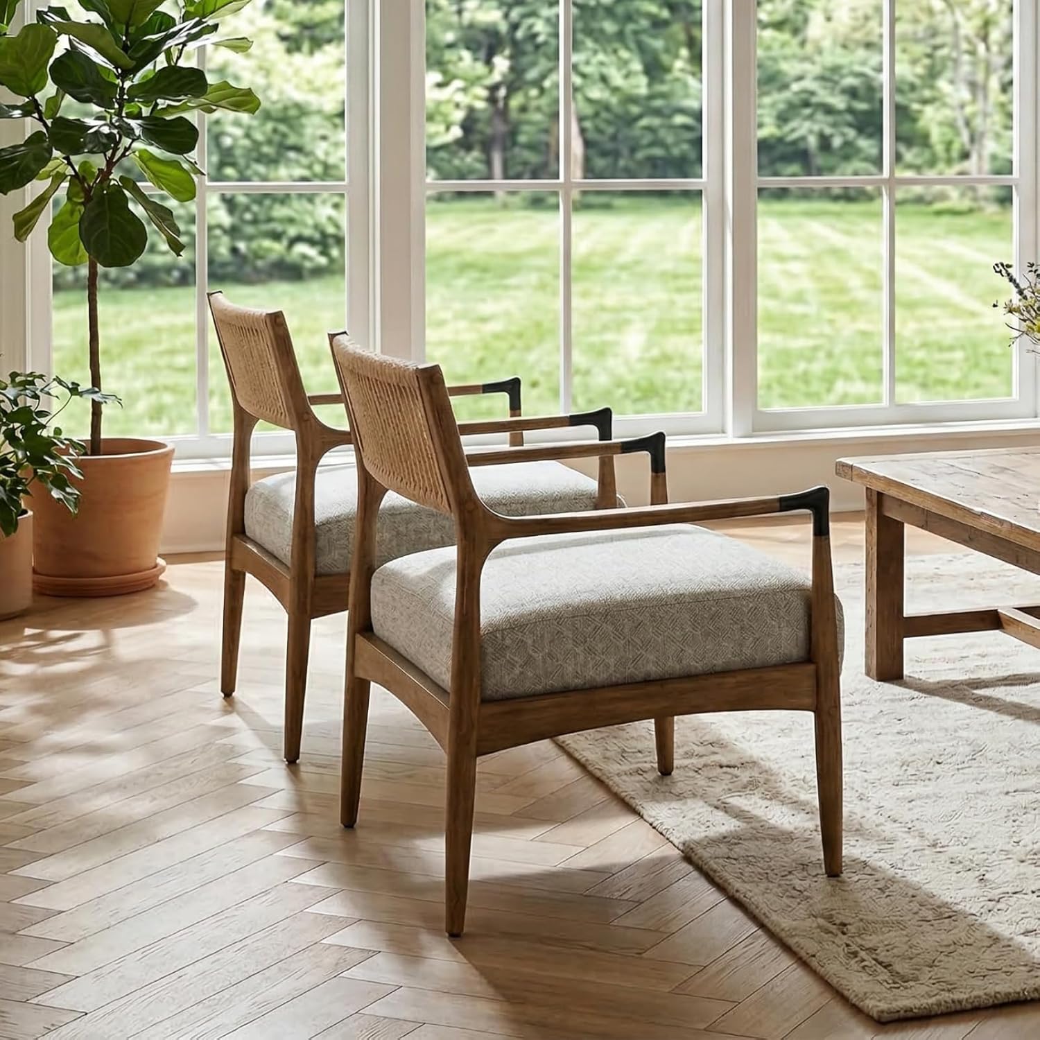 Ya-Home Mid-Century Modern Accent Chairs with Woven Rope Back, Upholstered Linen Fabric Armchairs with Solid Wood Frame for Living Room Bedroom, 2PCS, Patterned
