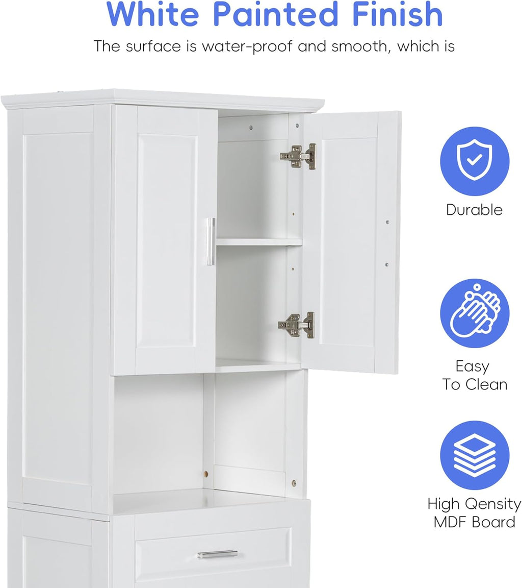 Tall Storage Cabinet, Bathroom Floor Freestanding Storage Cabinet with 2 Doors, One Drawer, and Tilt-Out Laundry Hamper for Bathroom, Office, Living Room, White