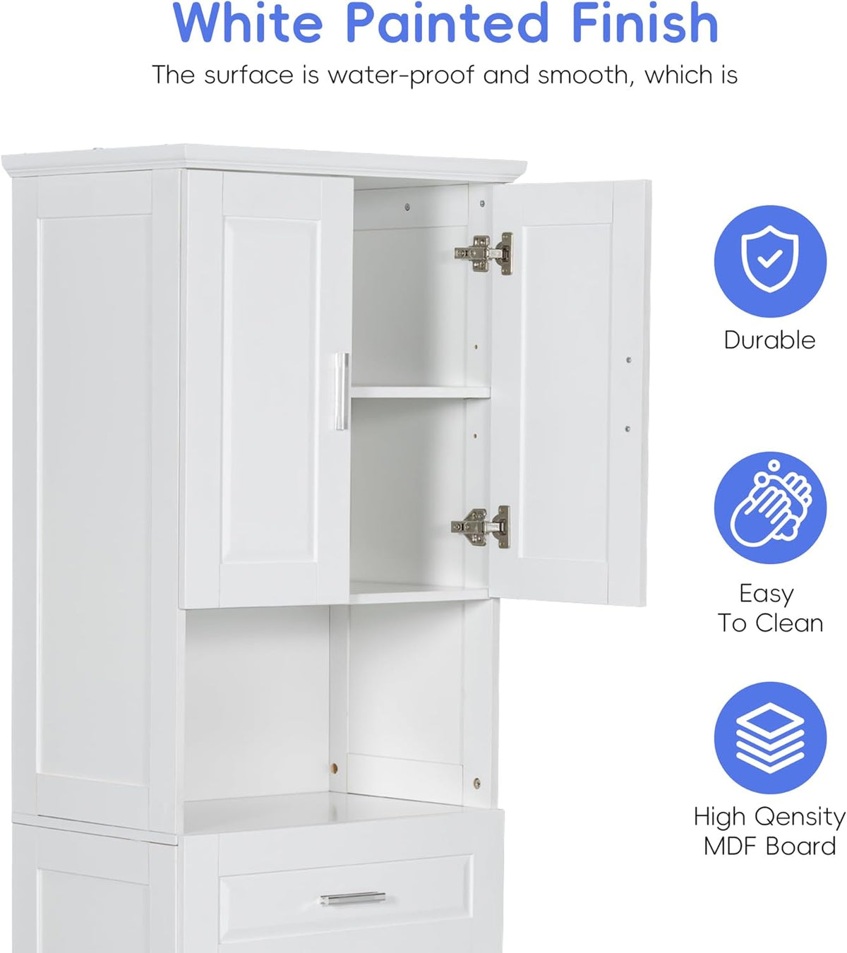Tall Storage Cabinet, Bathroom Floor Freestanding Storage Cabinet with 2 Doors, One Drawer, and Tilt-Out Laundry Hamper for Bathroom, Office, Living Room, White