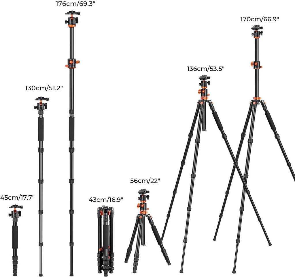 K&F Concept 67 inch Camera Tripod Horizontal Aluminum Tripods Portable Monopod with 360 Degree Ball Head Quick Release Plate for DSLR Cameras T255A4+BH-28L (TM2515T1)