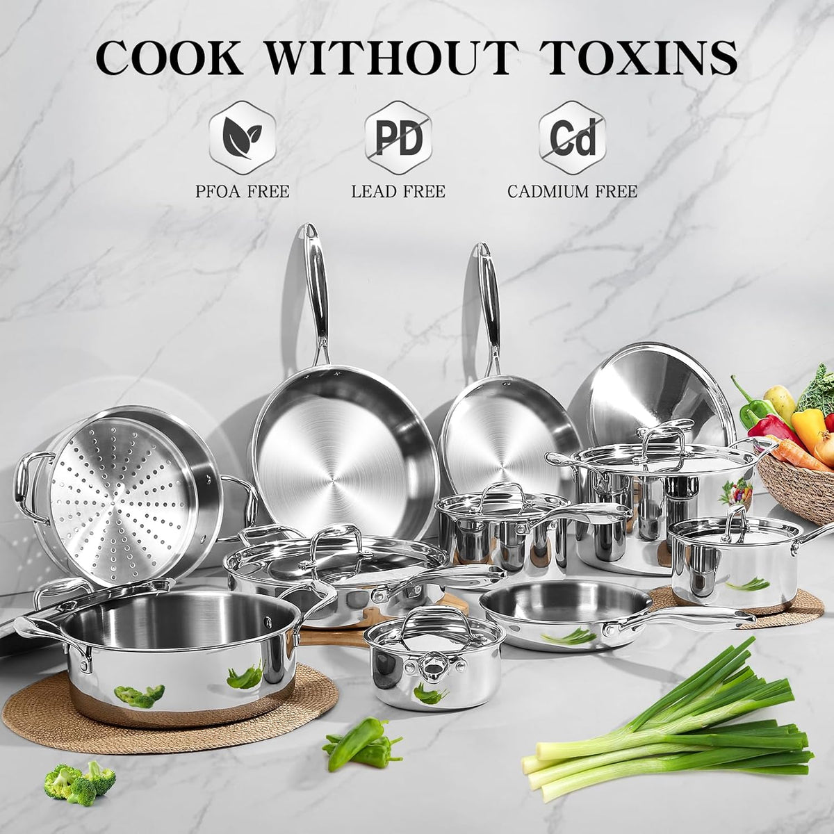 EWFEN Stainless Steel Cookware Set, 3 Ply 17 Piece Stainless Steel Pot and Pan Set, Oven Dishwasher Safe | Induction Compatible Frying Pans, Saucepans, Saute Pan & Stock Pot, PFOA, PTFE & PFOS Free