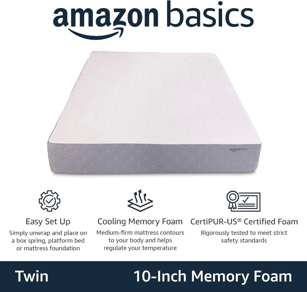 Amazon Basics Memory Foam Mattress, Medium-Firm, Cooling Gel, Breathable Support, Twin Size, CertiPUR-US Certified Foam, 75 x 39 x 10 inches, White/Gray