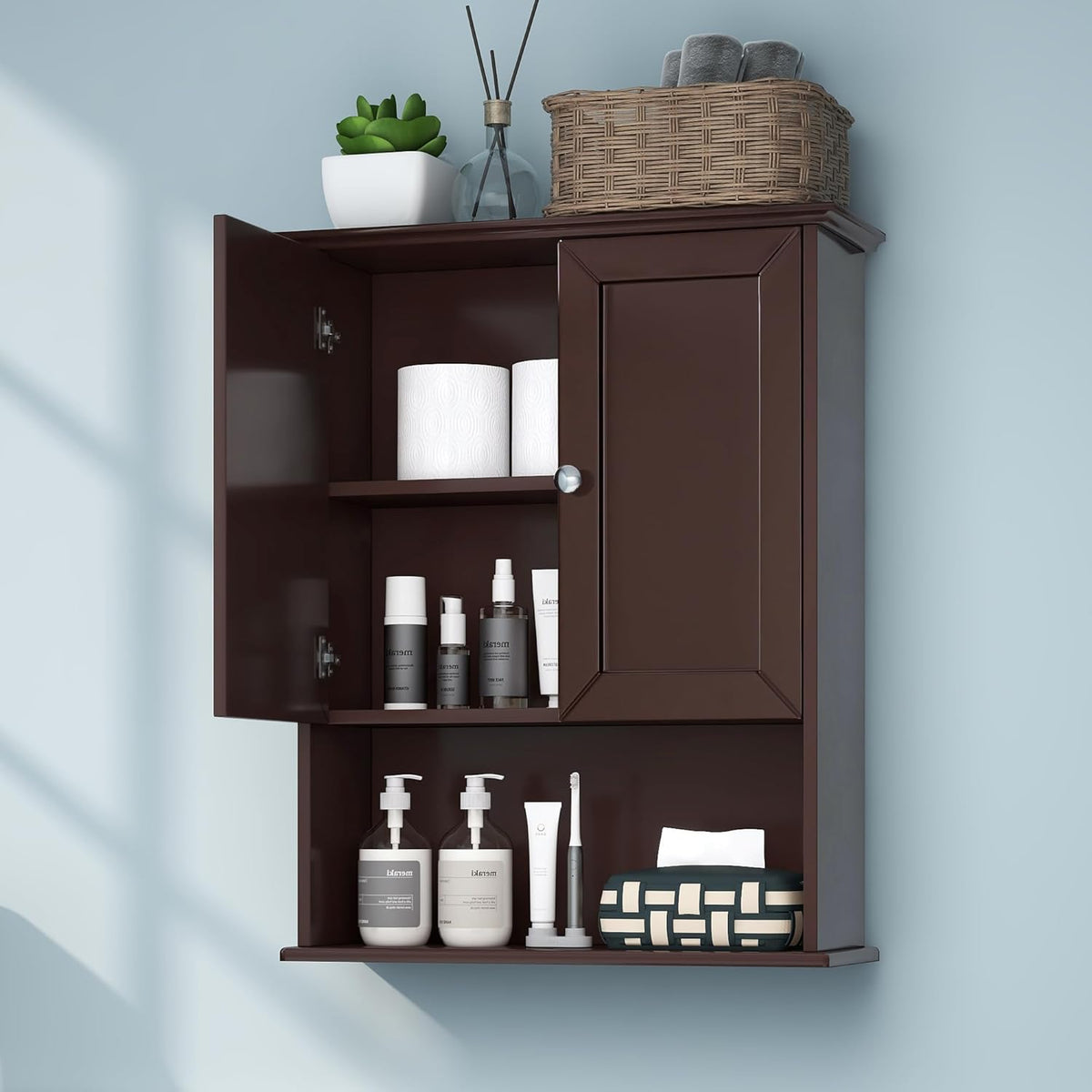VANIRROR Bathroom Wall Cabinet Expresso Over Toilet Storage - 24x30 in Above Toilet Wood Medicine Cabinet with Adjustable Shelf & 2 Door Mounted Wall Cabinet