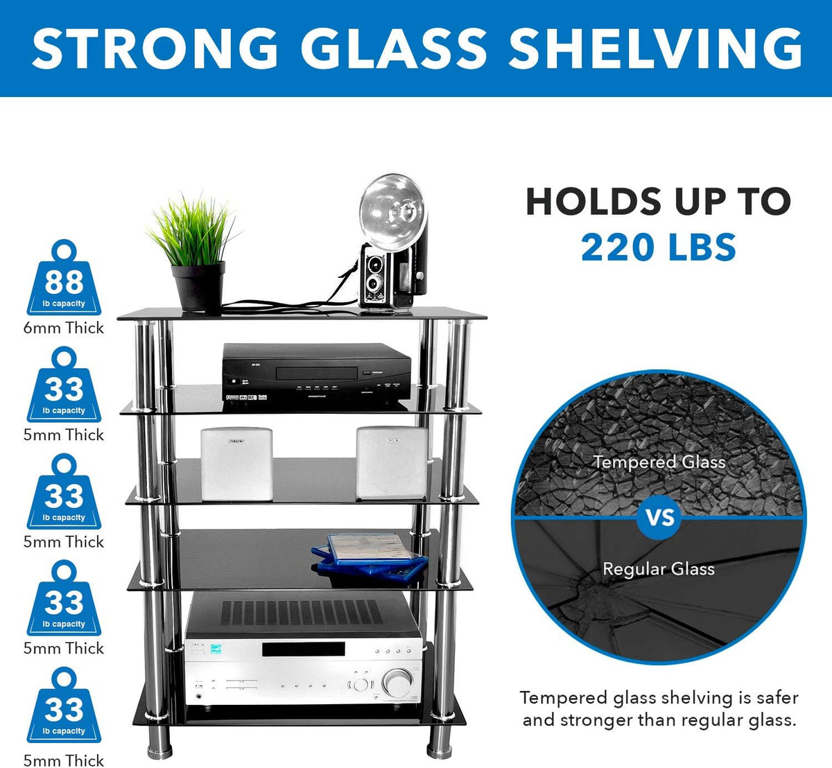 Mount-It! Tempered Glass AV Component Media Stand, Audio Tower and Media Center with 5 Shelves, 220 Lbs Total Capacity, Black Shelves Chrome Legs (MI-8671)