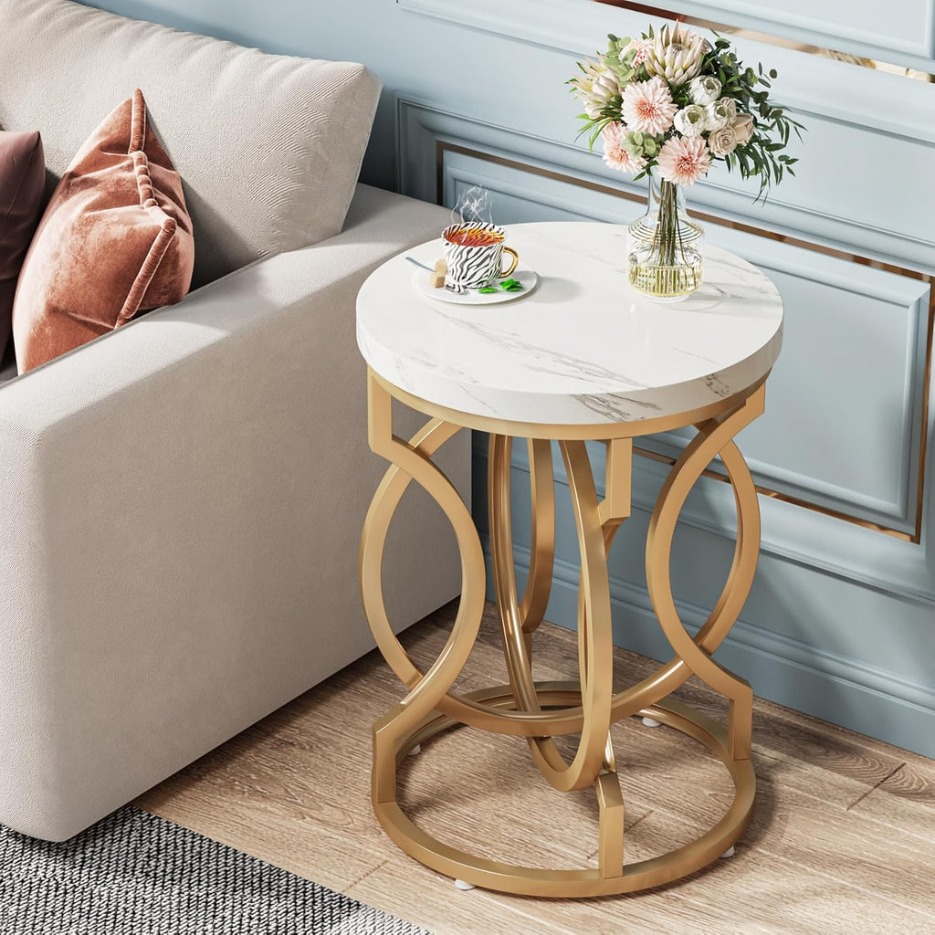 Tribesigns Modern Round End Table Set of 2 with Thickened Tabletop, 20" Gold Side Table with Unique O-Shaped Metal Base, Midcentury Nightstand for Living Room Bedroom, White + Gold
