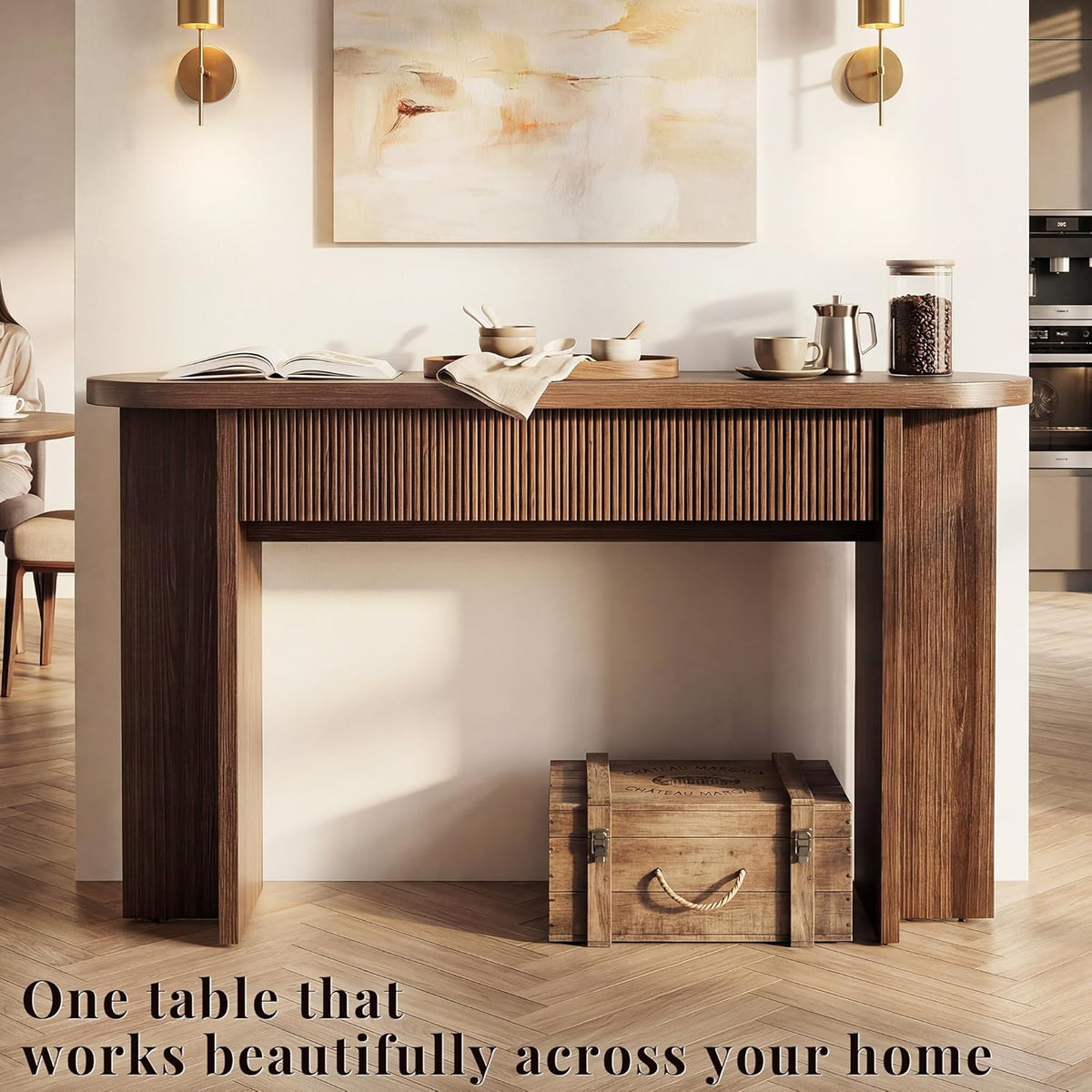 55 Inch Fluted Console Table with Drawers, Entryway Table with Storage, Modern Rounded Hallway Tables for Narrow Spaces（Brown）
