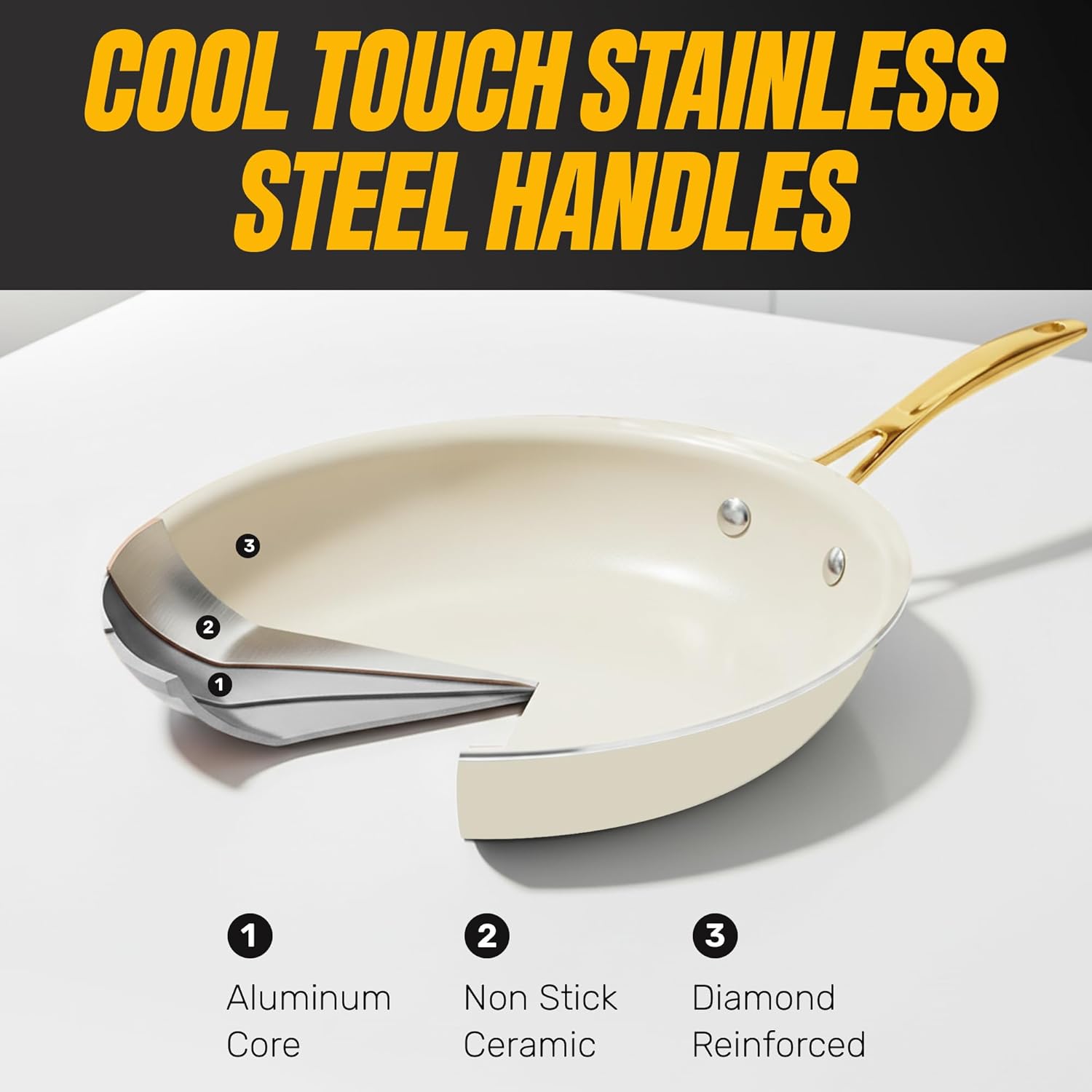 Gotham Steel 15 Pc Ceramic Cookware Set, Ceramic Pots and Pans Set Non Stick with Cooking Utensils and Steamer, Non Toxic PFOA PFOS Free, Premium Gold Stay Cool Handles, Oven & Dishwasher Safe