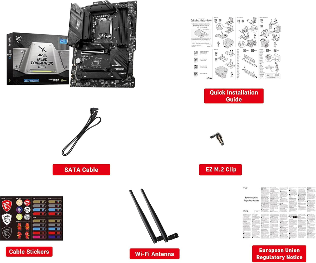 MSI MAG B760 Tomahawk WiFi Gaming Motherboard (Supports 12th/13th/14th Gen Intel Processors, LGA 1700, DDR5, PCIe 5.0, M.2, 2.5Gbps LAN, USB 3.2 Gen2, HDMI/DP, Wi-Fi 6E, Bluetooth 5.3, ATX)