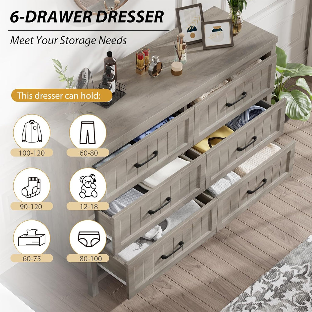 Jocoevol Farmhouse Grey 6 Drawer Dresser for Bedroom, Chest of Drawers - Large Double Dressers TV Stand with Deep Drawers Dressers for Hallway, Entryway - Gray
