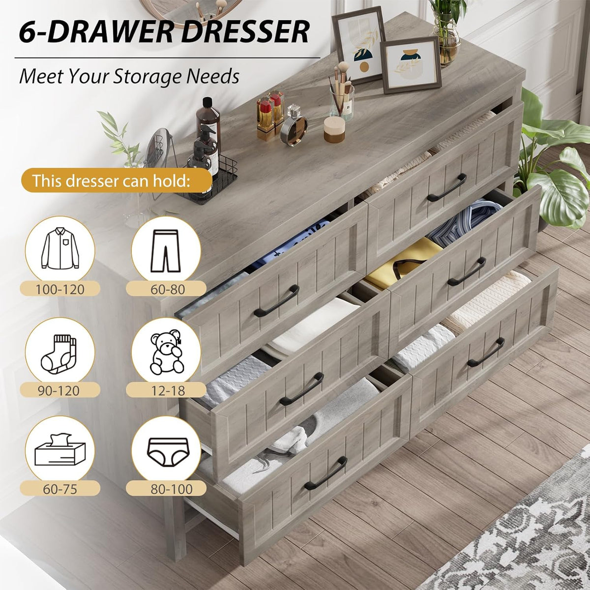 Jocoevol Farmhouse Grey 6 Drawer Dresser for Bedroom, Chest of Drawers - Large Double Dressers TV Stand with Deep Drawers Dressers for Hallway, Entryway - Gray