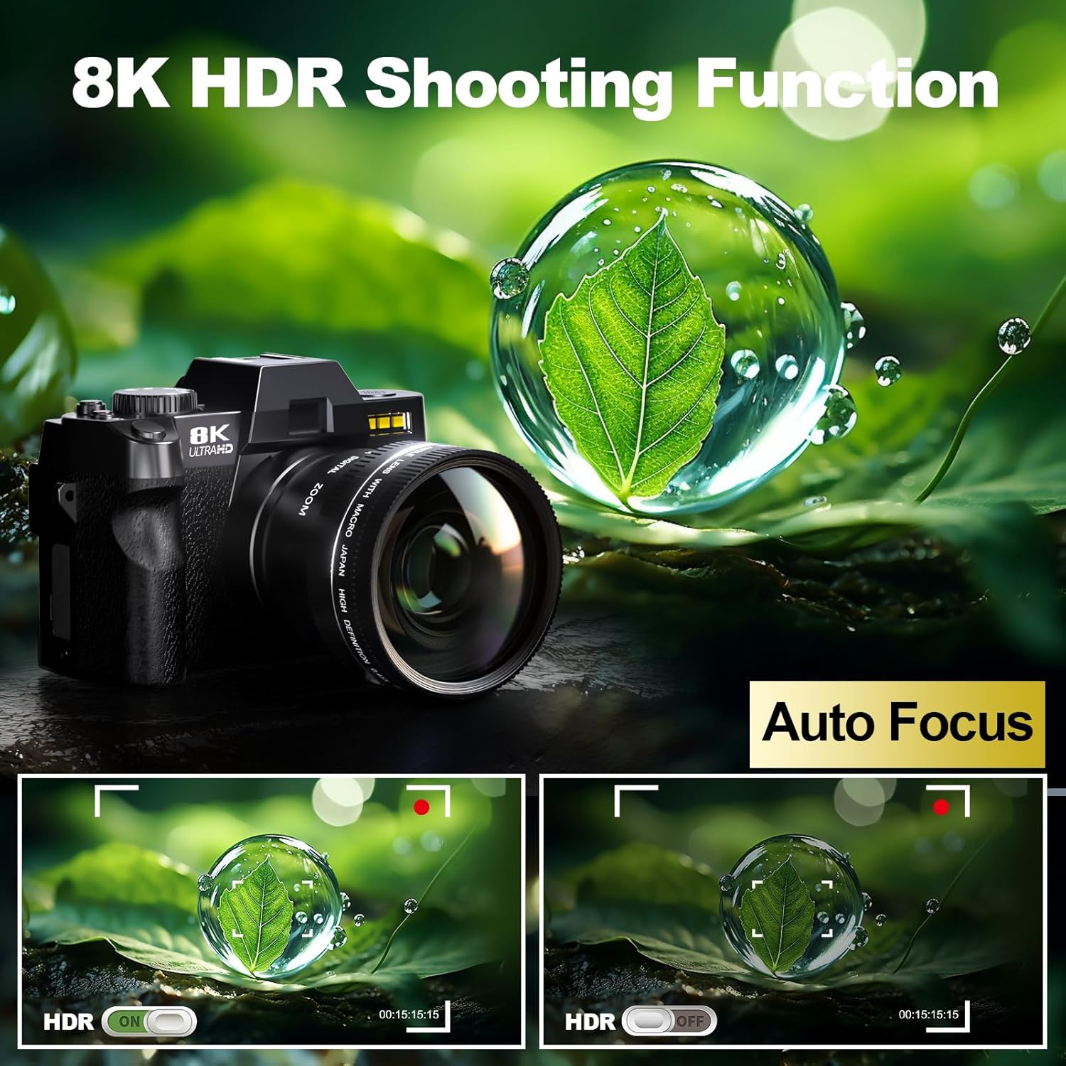 8K&64MP Digital Cameras for Photography, 16X Zoom, WiFi, 180° Flip Screen, Autofocus, Anti-Shake, Wide-Angle & Macro Lens, Built-in Fill Light, PU Leather Case, 64GB Card & 2 Batteries (Black)
