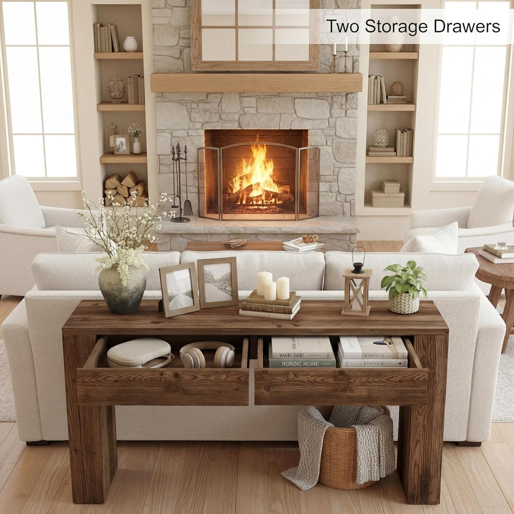 LITTLE TREE Solid Wood 63 Inches Console Table with 2 Drawers, Vintage Brown Sofa Table Behind Couch for Living Room, Long Hallway Foyer Entryway Table for Entrance