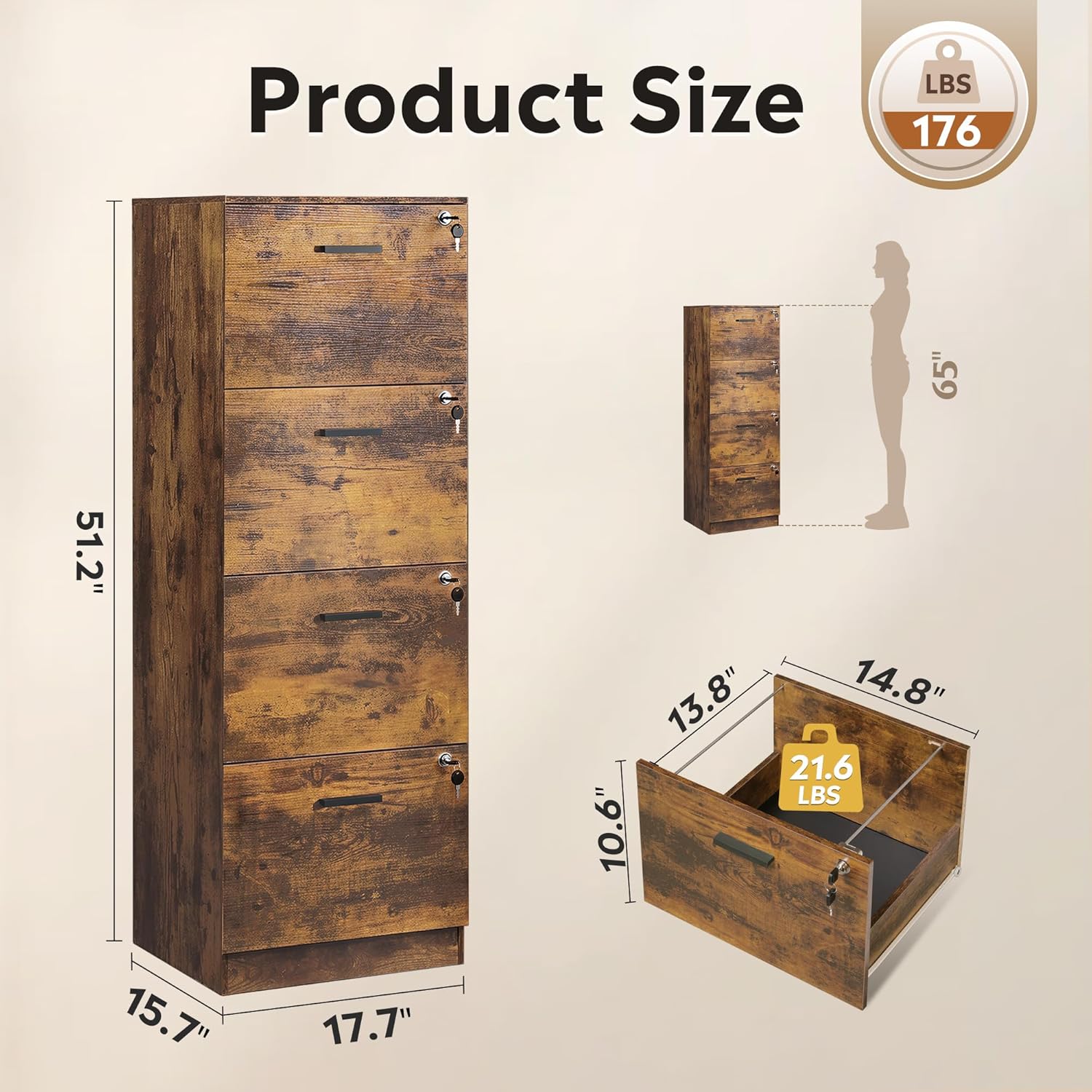 DEVAISE 4 Drawer Vertical File Cabinet, Wood Filing Cabinet with Lock, Home Office File Storage Cabinet for Letter and A4 Size, Printer Stand, Rustic Brown