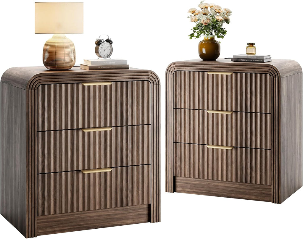 Decofy Fluted Nightstand with Charging Station, Modern Bedroom Side Table with Gold Handles, Curved Profile Design, End Table Wood Organizer for Bedroom, 19.7" & 3 Drawers (2 Pack, Walnut)