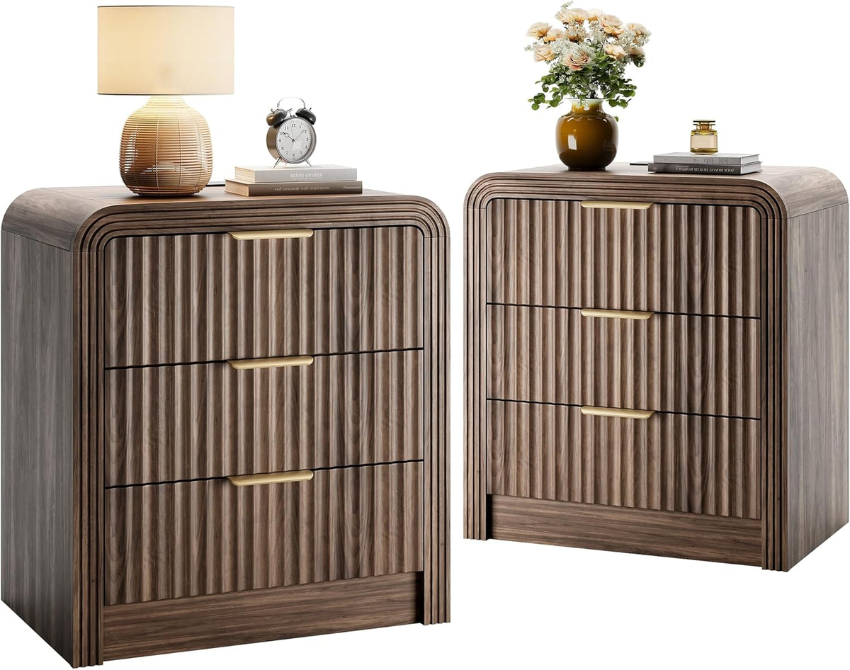 Decofy Fluted Nightstand with Charging Station, Modern Bedroom Side Table with Gold Handles, Curved Profile Design, End Table Wood Organizer for Bedroom, 19.7" & 3 Drawers (2 Pack, Walnut)