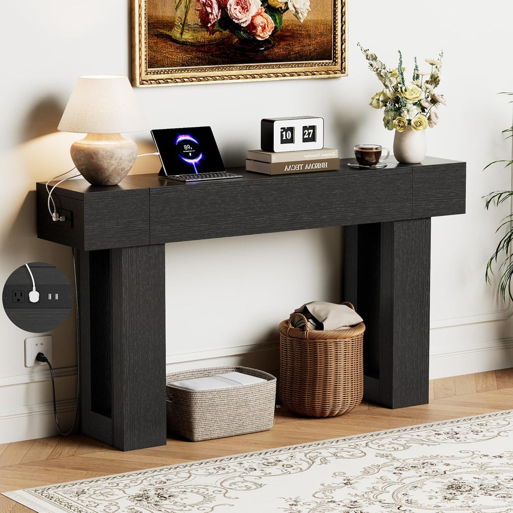 63 Inch Long Console Table w/Outlets & USB Ports, Narrow Rectangular Sofa Table Behind The Couch, Farmhouse Entryway Table for Entrance, Hallway, Living Room(Black with Outlet)