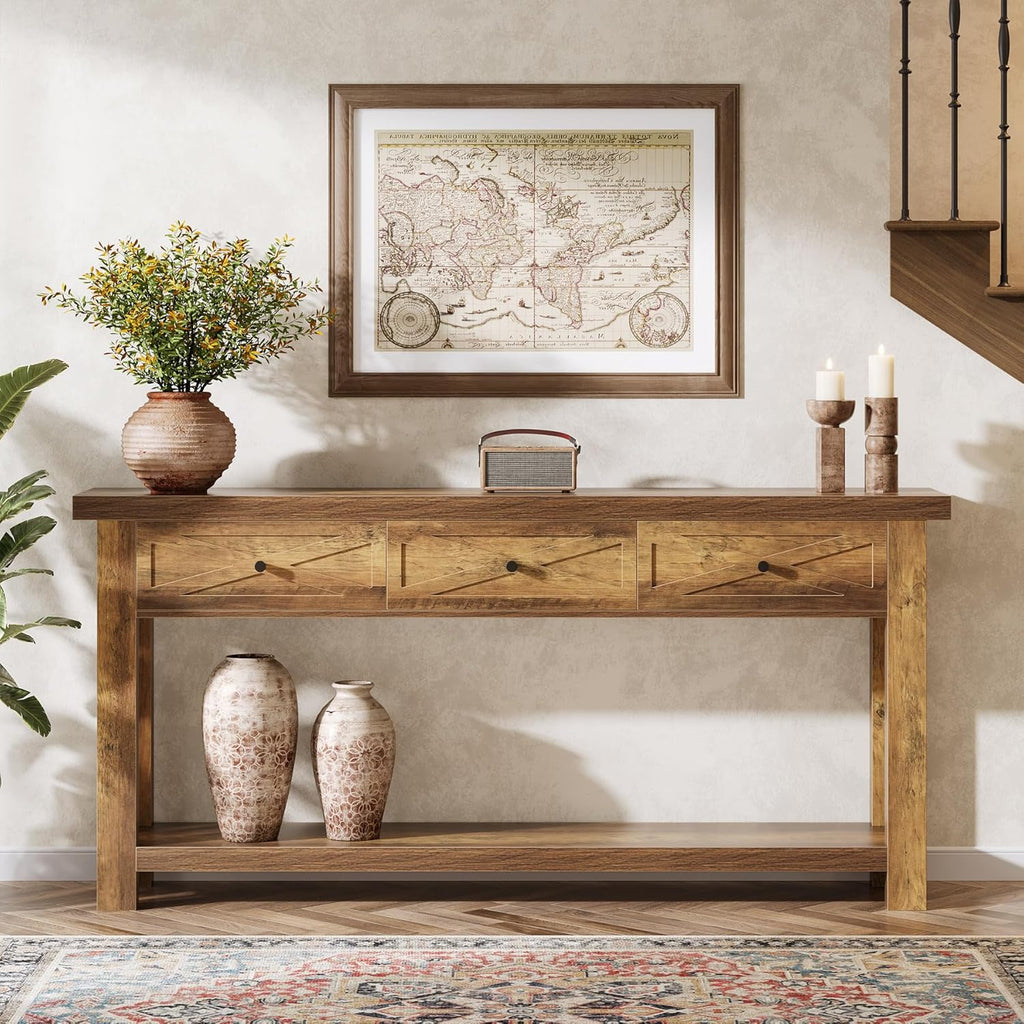 Tribesigns 70.9" Console Table with 3 Drawers, Extra Long Entryway Table for Living Room, Hallway, Narrow Sofa Table Behind Couch with Storage Shelf, Rustic Brown