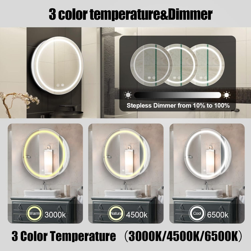 20inch Round Medicine Cabinet with Lights,Led Medicine Cabinet with Defogger,Illuminated Mirror Cabinet for Bathroom,Dimmable,Anti-Fog,3 Colors,Surface Mount Only,White