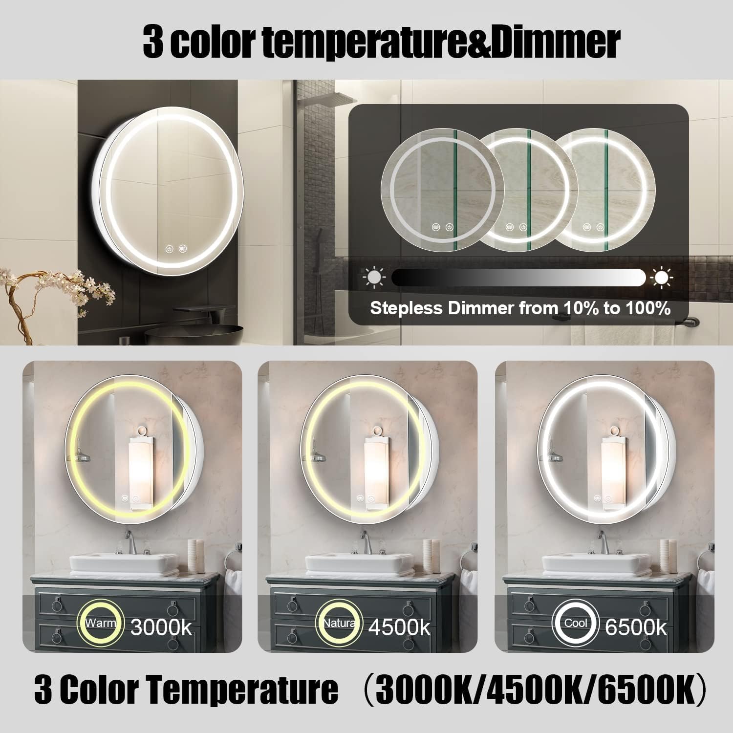 20inch Round Medicine Cabinet with Lights,Led Medicine Cabinet with Defogger,Illuminated Mirror Cabinet for Bathroom,Dimmable,Anti-Fog,3 Colors,Surface Mount Only,White