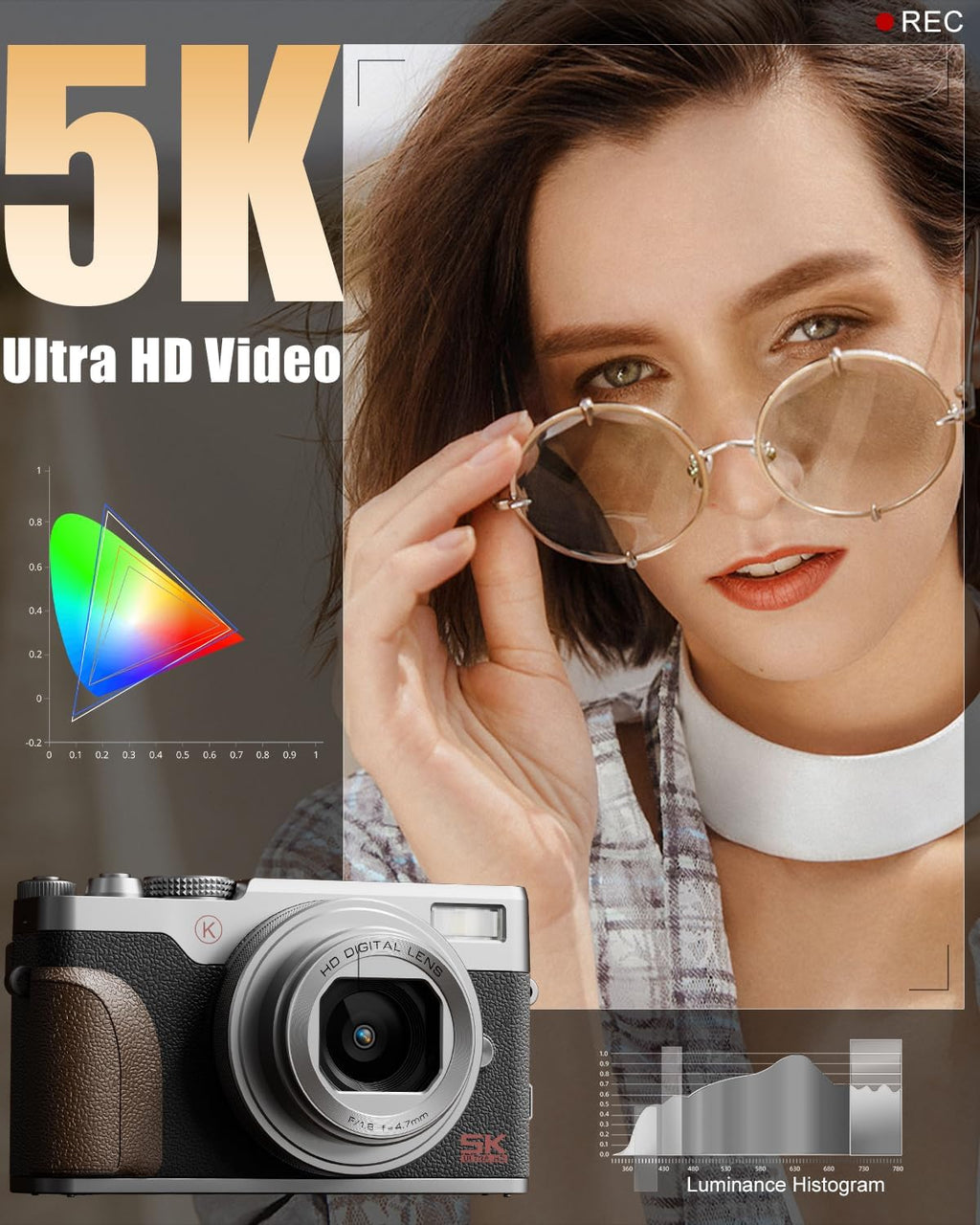 NBD 5K Vlogging Cameras Autofocus,64MP Digital Cameras for Photography,18X Zoom Travel Camera with Anti-Shake,2 Batteries,64GB TF Card(Silver