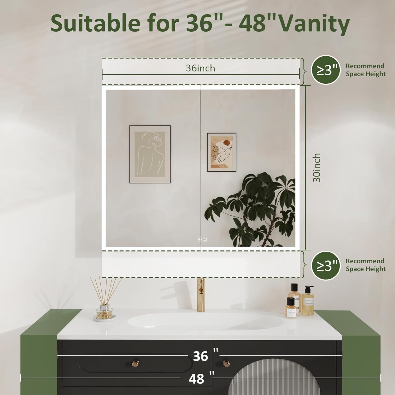 LED Medicine Cabinet Mirror 30x36 IN, Lighted Medicine Cabinet with 3-Colors Dimmable Light, Defog, Medicine Cabinet with Light Built-in 2-Compartment, Sensing Light, 2 Outlets, Recessed or Wall Mount
