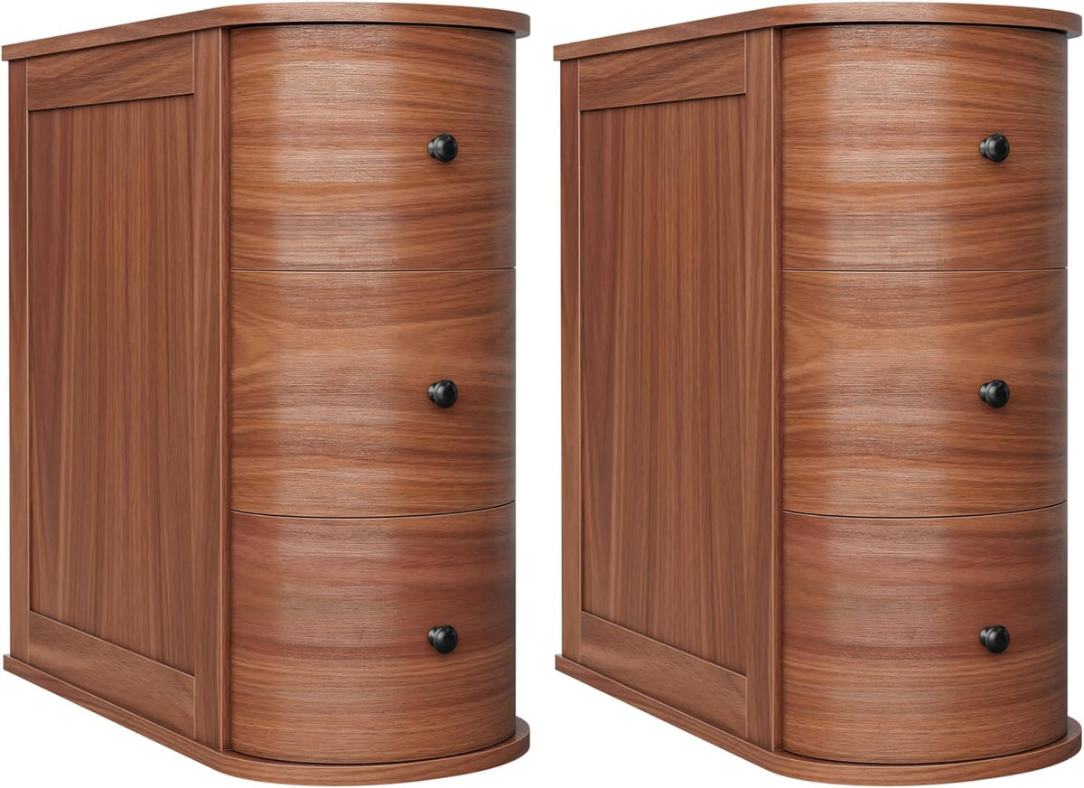 Shintenchi Vintage Nightstand Set of 2, Solid Wood End Table with 3 Drawers, Skinny Antique Nightstand, Rustic Narrow Night Stands Set of 2,Narrow Bedside Table Set of 2 for Living Room Bedroom,Walnut