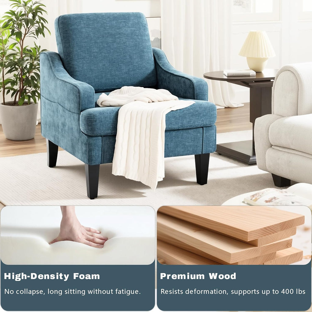 Set of 2 Accent Chair for Living Room,Mid-Century Arm Chair Chenille Fabric Living Room Chairs,Upholstered Reading Chair for Bedroom,Single Sofa Chair with Wood Legs for Apartment (Blue)