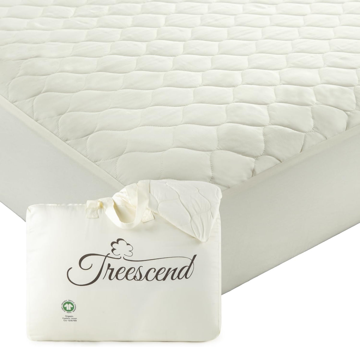 100% Cotton Organic Mattress Protector | Breathable & Noiseless GOTS Organic Mattress Pad with Premium 300GSM Durability | Machine Washable Quilted Bed Protector with Deep Pocket (Ivory, King)