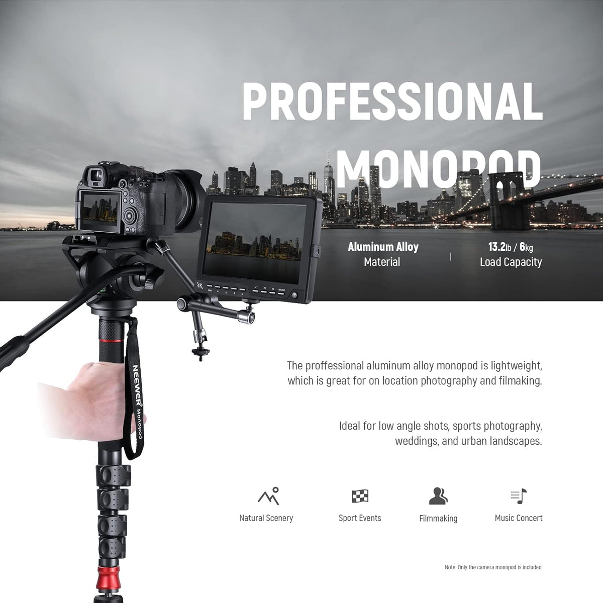 NEEWER Professional Camera Monopod with Feet, 70.5"/179cm Telescopic Portable Aluminum Travel Monopod with Pan Tilt Fluid Head and Removable Tripod Base for DSLR Camera Camcorder, Max Load 13.2lb/6Kg