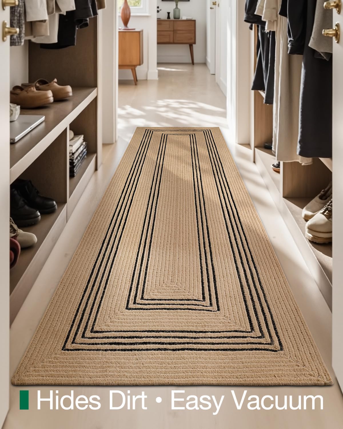 LUMI 3x8 Jute Runner Rug Non Slip for Hallway, Natural Rustic Carpet No Shedding, Farmhouse Braided Area Mat Indoor High Traffic for Living Room, Entryway, Kitchen, Laundry